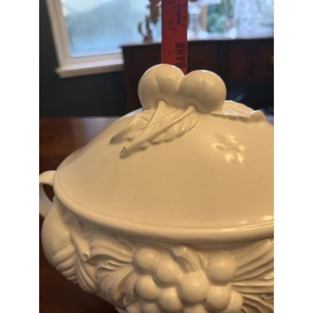 Vintage White Ceramic Soup Tureen 3 Piece Set Lid Ladle Embossed Fruit Japan